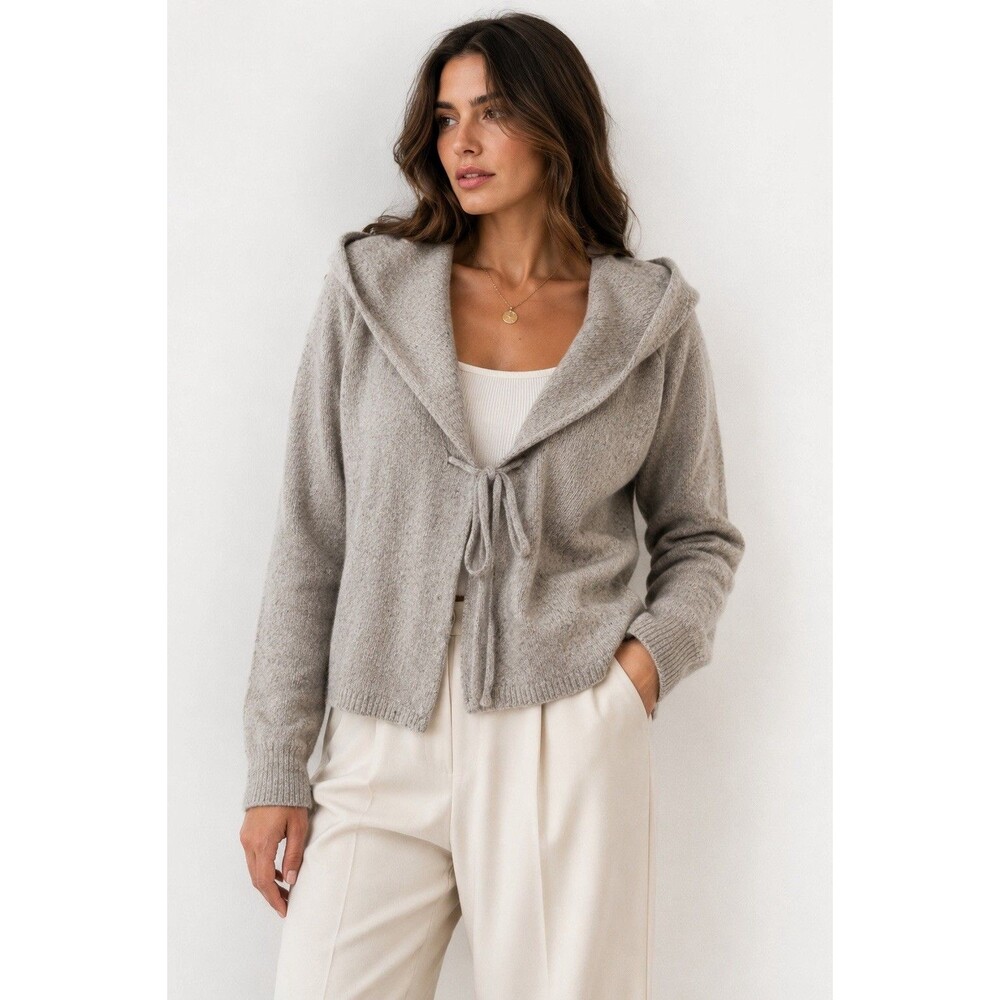 TSE 100% Pure Cashmere Hooded Tie Front Cardigan Sweater Gray M Quiet Luxury